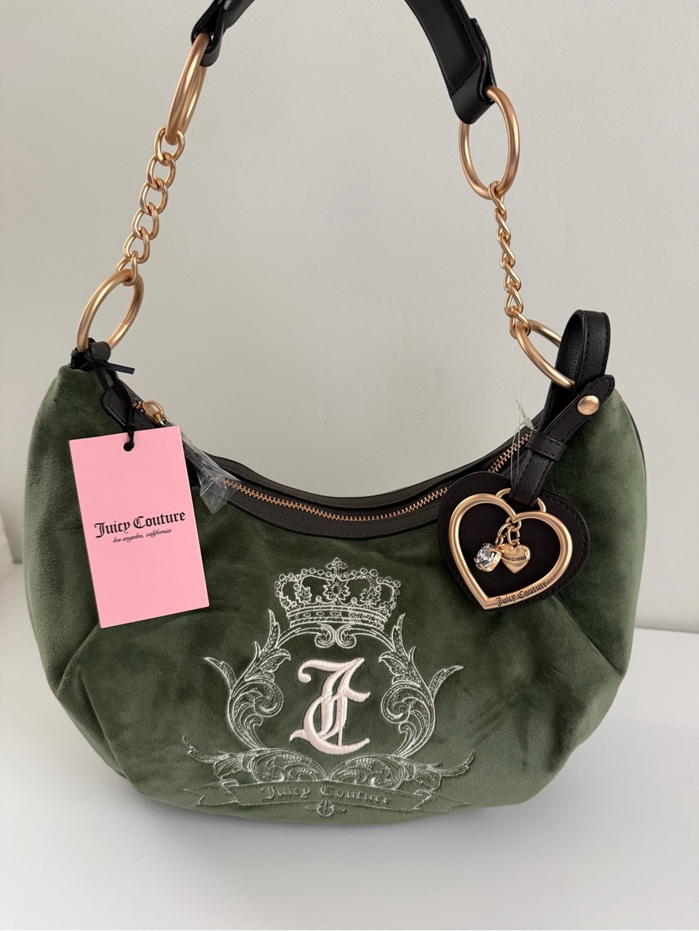 Juicy Couture Olive Green Suede Shoulder Bag with Gold Heart Charm